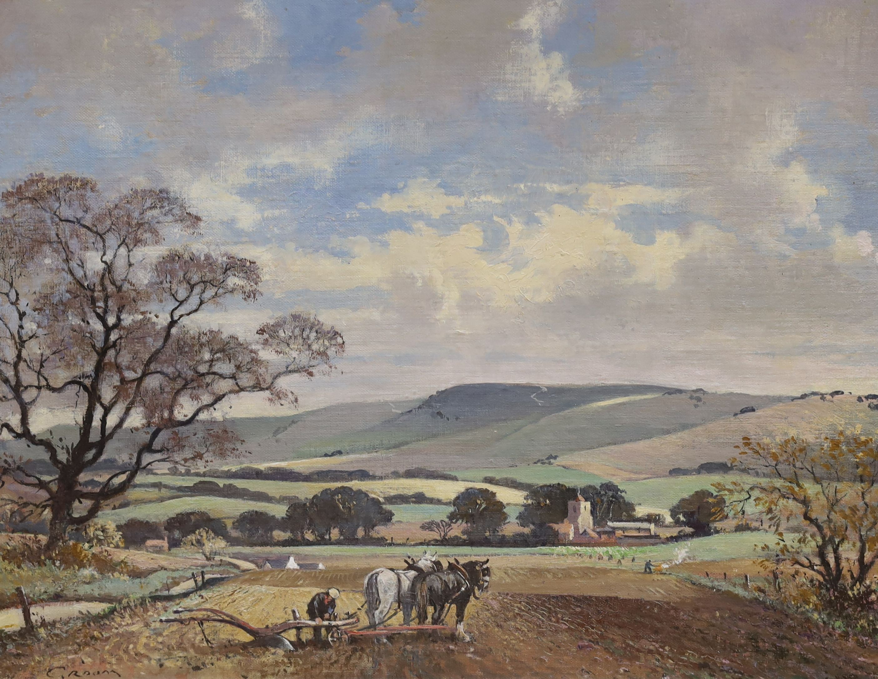 Emerson Harold Groom (1890-1983), oil on board, 'Winter ploughing near Beddingham', signed, 38 x 48cm